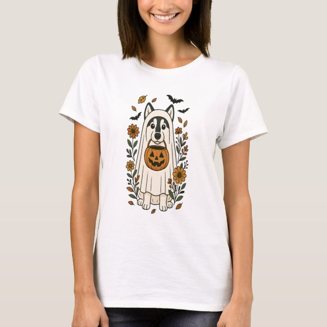 Halloween Siberian Husky Flowers T-Shirt (Front)