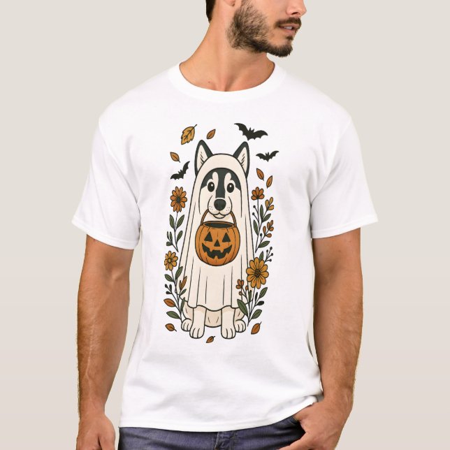 Halloween Siberian Husky Flowers T-Shirt (Front)