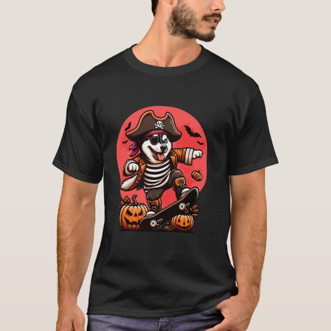 Halloween Siberian Husky Pirate Skateboard Spooky  T-Shirt (Front)