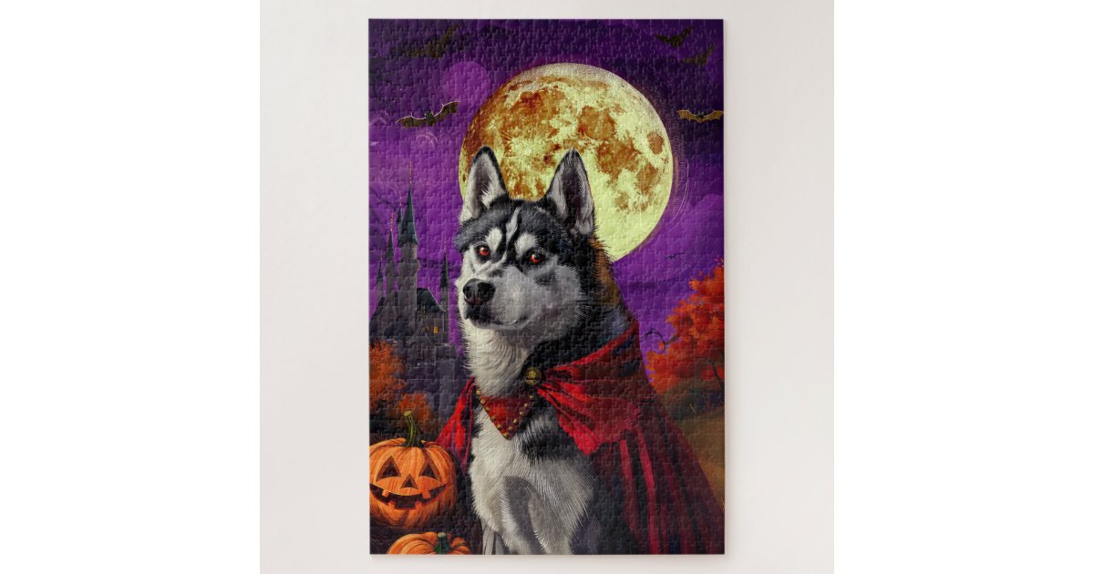 Halloween Siberian Husky Vampire Pumpkins Scary Jigsaw Puzzle | Zazzle