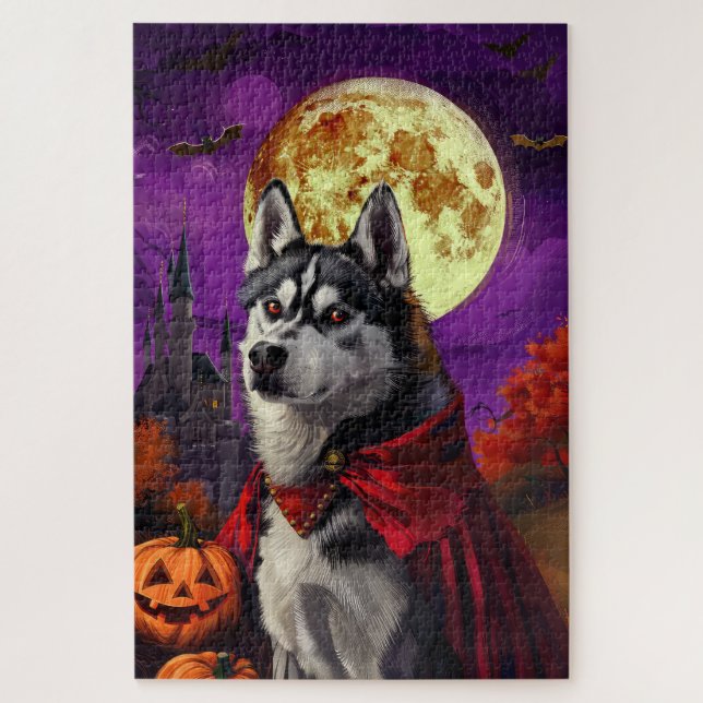 Halloween Siberian Husky Vampire Pumpkins Scary Jigsaw Puzzle (Vertical)