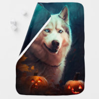 Halloween Siberian Husky With Pumpkins Scary Baby Blanket