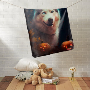 Halloween Siberian Husky With Pumpkins Scary  Baby Blanket