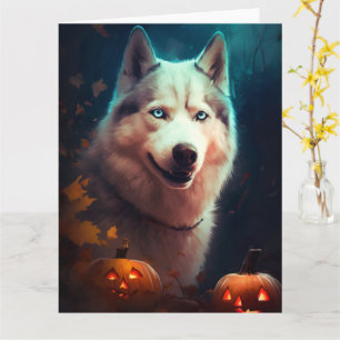 Halloween Siberian Husky With Pumpkins Scary  Card