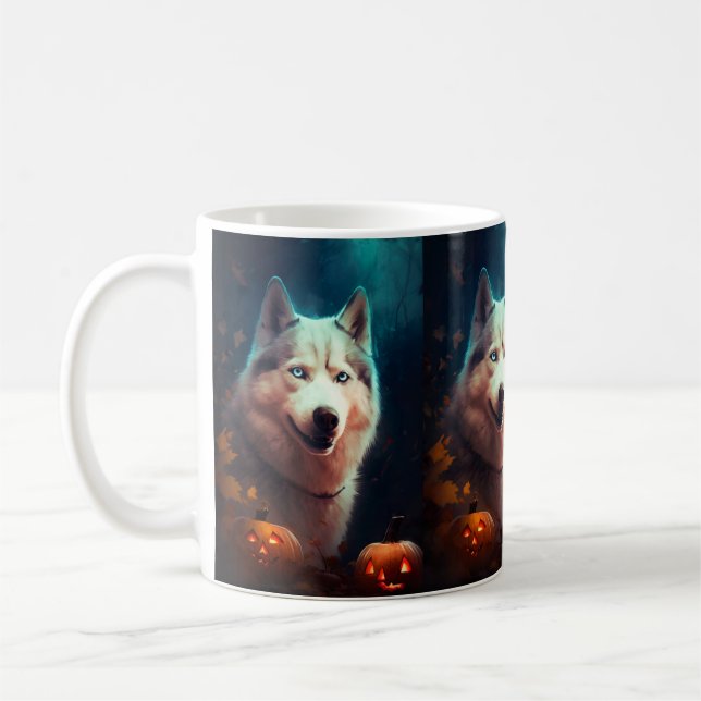 Halloween Siberian Husky With Pumpkins Scary  Coffee Mug (Left)
