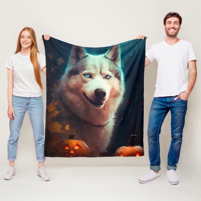 Halloween Siberian Husky With Pumpkins Scary  Fleece Blanket (In Situ)