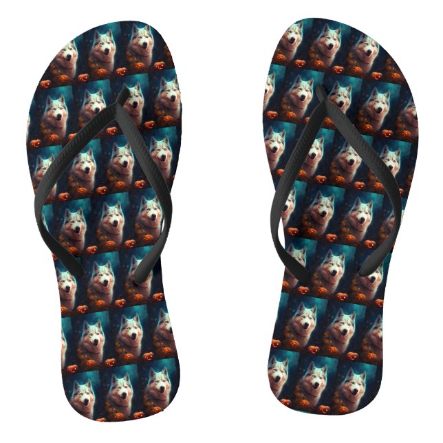 Halloween Siberian Husky With Pumpkins Scary  Flip Flops (Footbed)