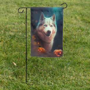 Halloween Siberian Husky With Pumpkins Scary  Garden Flag