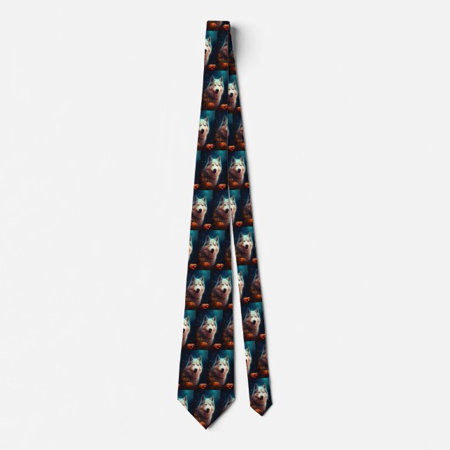 Halloween Siberian Husky With Pumpkins Scary  Neck Tie (Front)