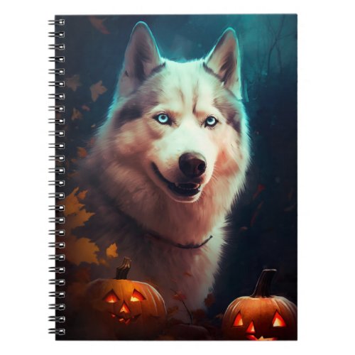 Halloween Siberian Husky With Pumpkins Scary  Notebook