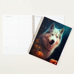 Halloween Siberian Husky With Pumpkins Scary Planner