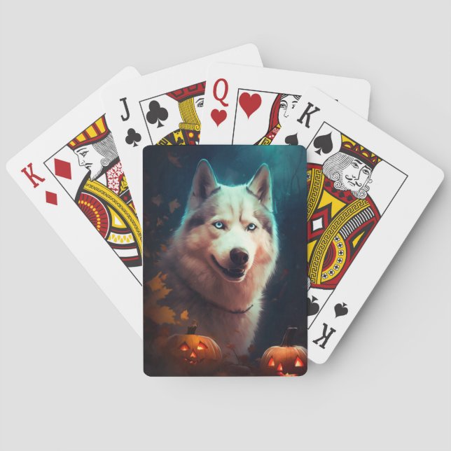 Halloween Siberian Husky With Pumpkins Scary  Poker Cards (Back)
