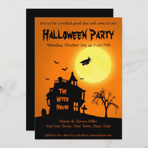 Halloween Silhouette Witch Haunted House Party Invitation