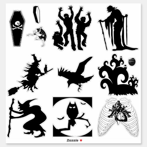 Halloween Silhouette Witches Coffins Zombies Crow Sticker