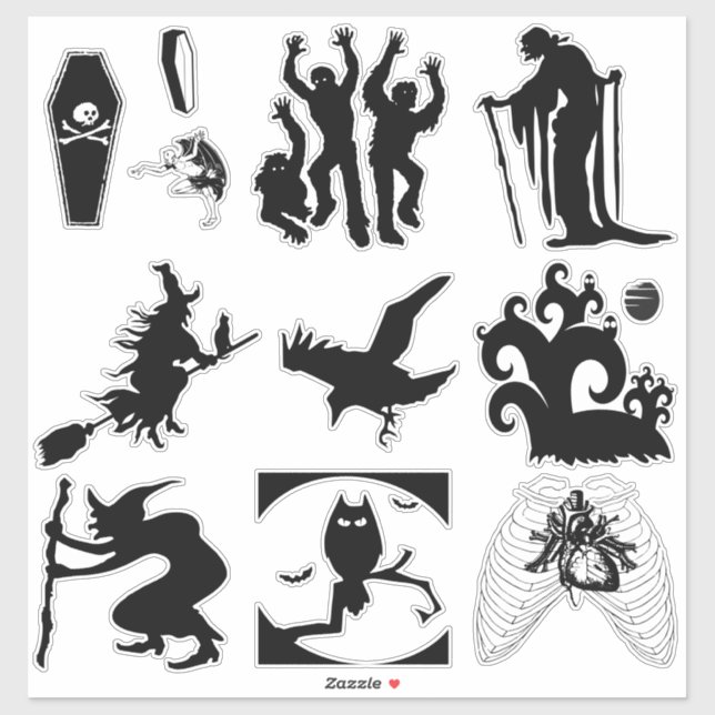 Halloween Silhouette Witches Coffins Zombies Crow Sticker (Sheet)