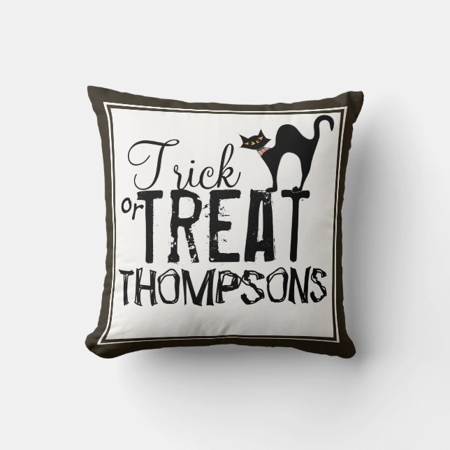 Halloween Simple Whimsical Black Cat Typography Throw Pillow (Front)
