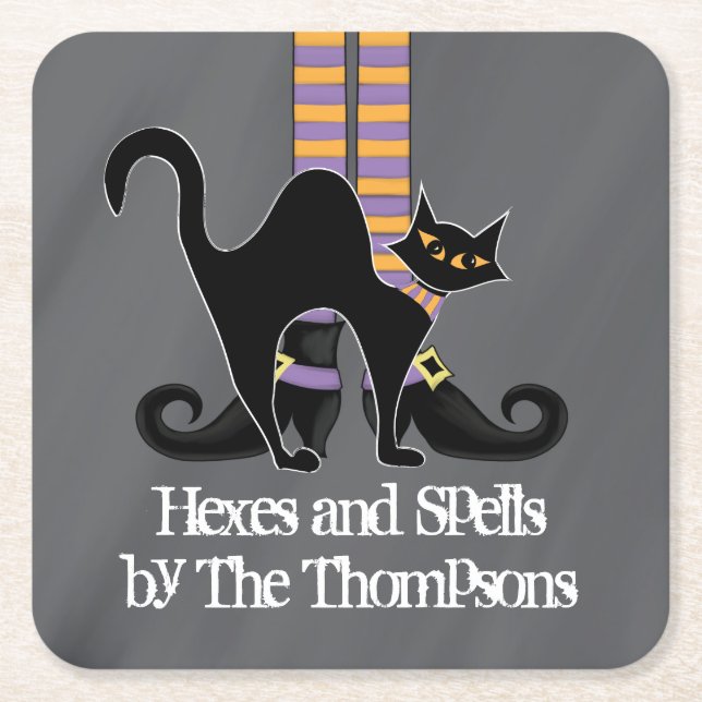 Halloween Simple Whimsical Witch Shoes Black Cat Square Paper Coaster (Front)