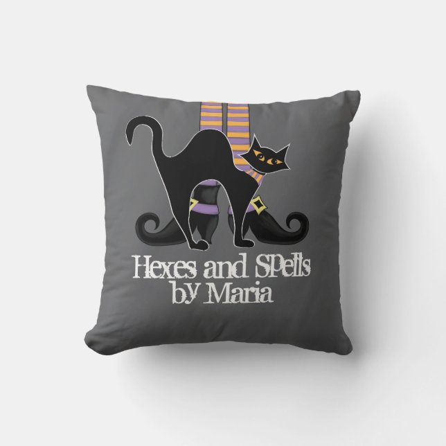 Halloween Simple Whimsical Witch Shoes Black Cat Throw Pillow (Front)