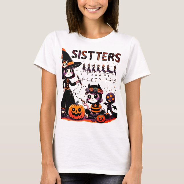 Halloween Sisters - Spooky Writing Practice" T-Shirt (Front)