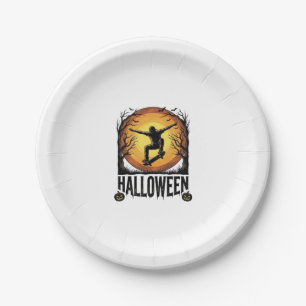 Halloween Skateboard Moon Vintage Vector Design_1 Paper Plates