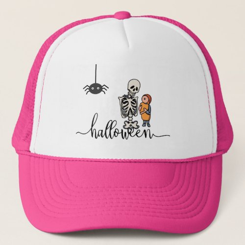 Halloween Skeleton and a boy Trucker Hat