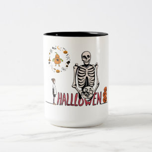 Halloween Skeleton and Pumpkins Two-Tone Coffee Mug