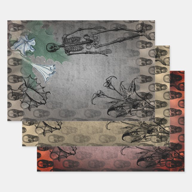 Halloween Skeleton and White Calla Lilies Ephemera Wrapping Paper Sheets (Set)