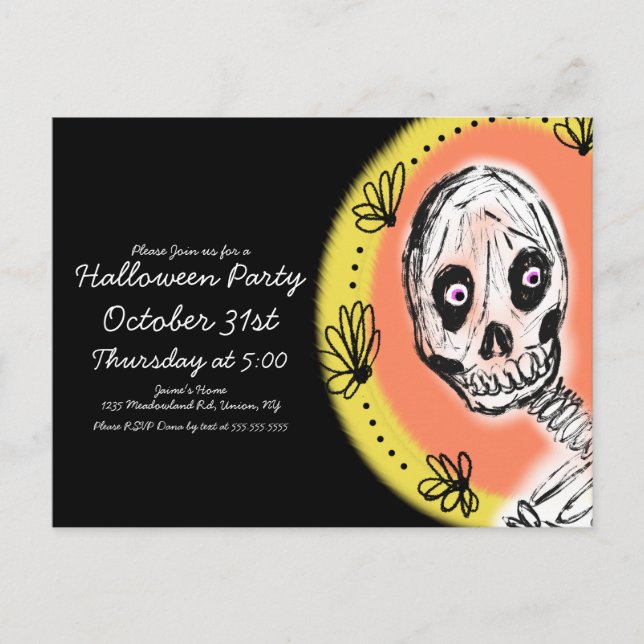 Halloween Skeleton Art Party Invitation Postcard (Front)