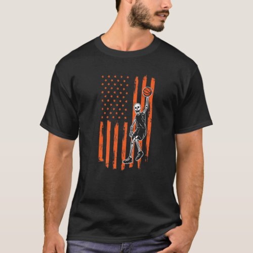 Halloween Skeleton Basketball Player Usa Flag T_Shirt