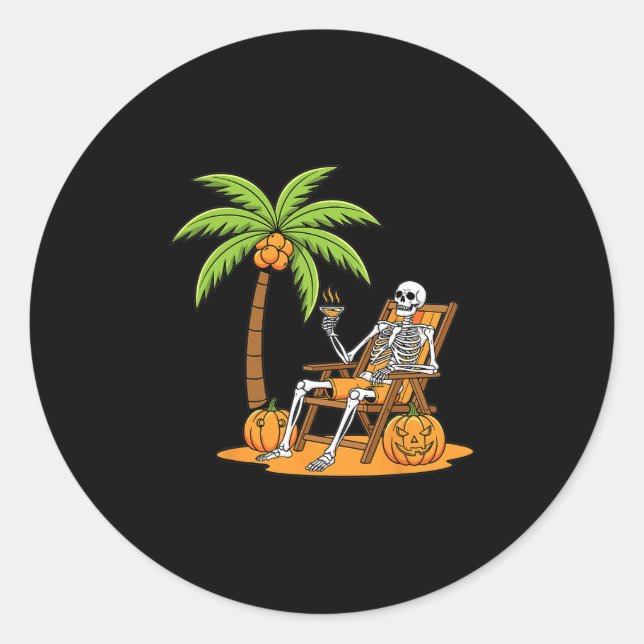 Halloween Skeleton Beach Vacation Palm Tree Pumpki Classic Round Sticker (Front)
