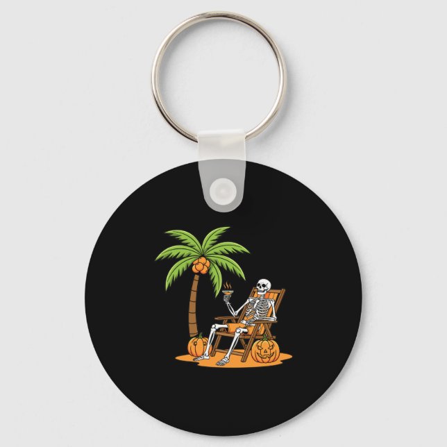 Halloween Skeleton Beach Vacation Palm Tree Pumpki Keychain (Front)