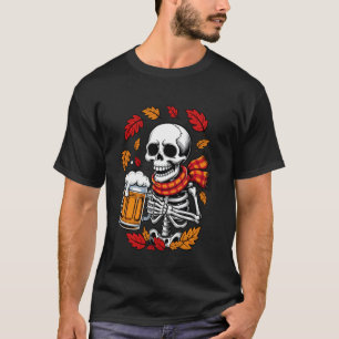 Halloween Skeleton Beer Drinker Funny Autumn Leave T-Shirt