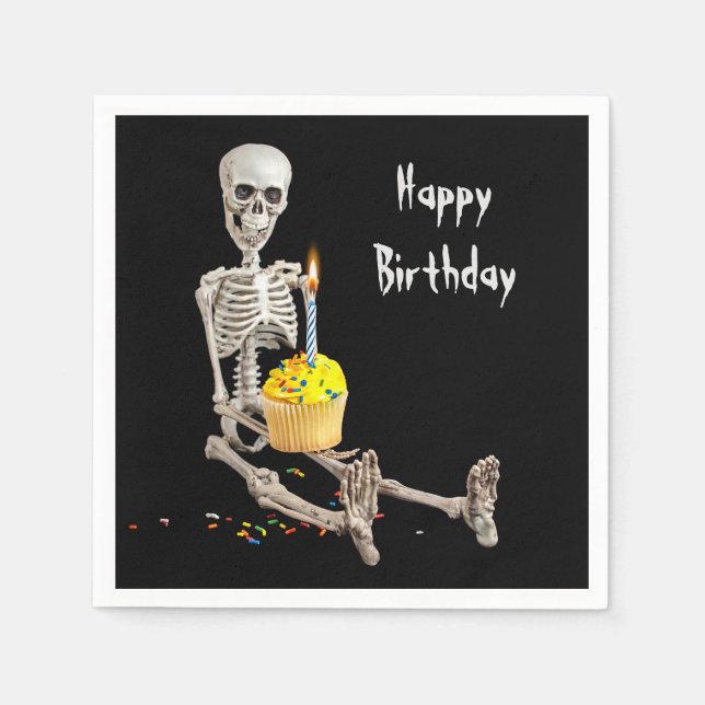Halloween Skeleton Birthday Cupcake On Black Napkins (Front)
