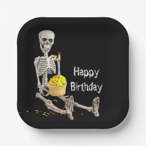Halloween Skeleton Birthday On Black Paper Plates