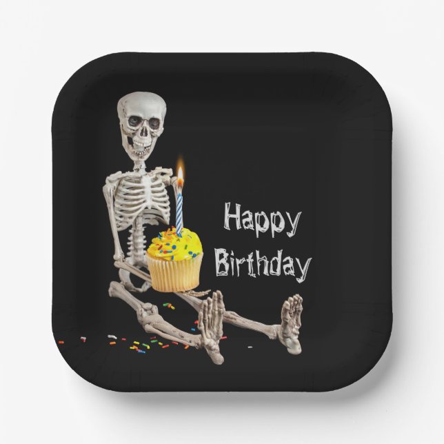 Halloween Skeleton Birthday On Black Paper Plates (Front)