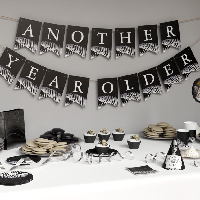 Halloween Skeleton Black and White Birthday Bunting Flags (Another year older? Happy Birthday! Bunting to decorate your home if you have a Halloween Birthday)