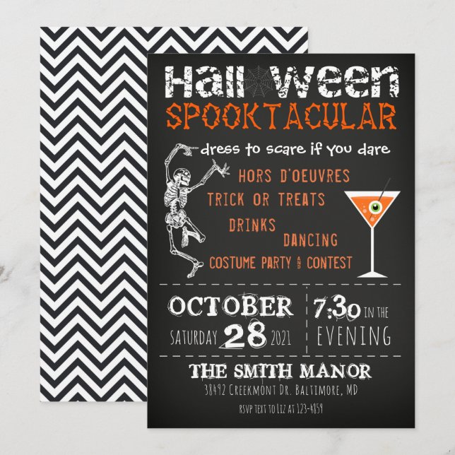 Halloween Skeleton Black Orange Party Invitation (Front/Back)