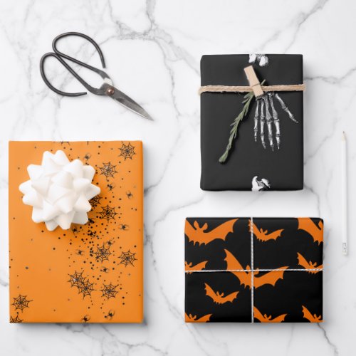 Halloween Skeleton Bones Bats  Spider Webs Orange Wrapping Paper Sheets