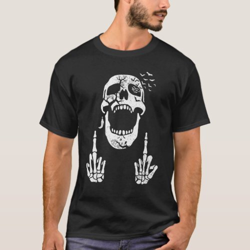 Halloween Skeleton Bones Middle Finger Skull Men W T_Shirt
