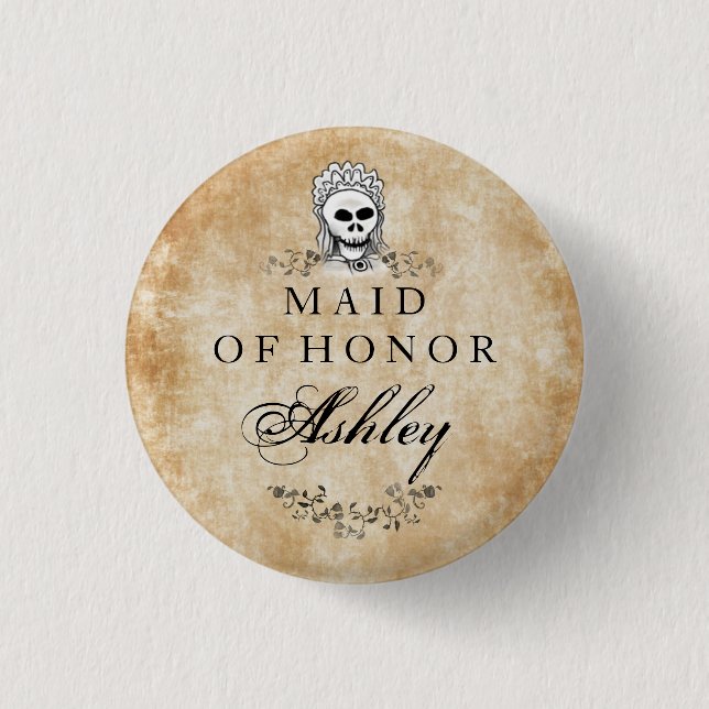 Halloween Skeleton Brown Gothic Maid of Honor Pinback Button (Front)