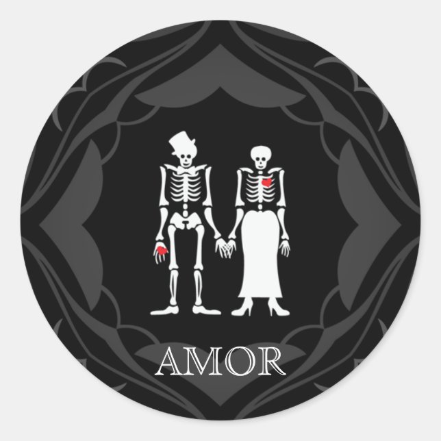 Halloween Skeleton Couple Bride & Groom Classic Round Sticker (Front)