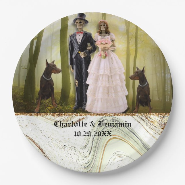Halloween Skeleton Couple Gothic Wedding Paper Pla Plates (Front)