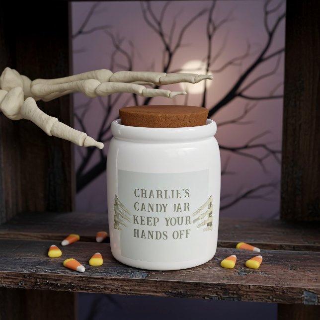Halloween Skeleton Custom Sign Funny Candy Jar (A cute little candy jar for your treats. Just add your name!)