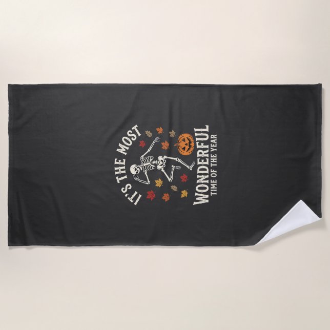 Halloween Skeleton Dance Pumpkin Fall Beach Towel (Front)