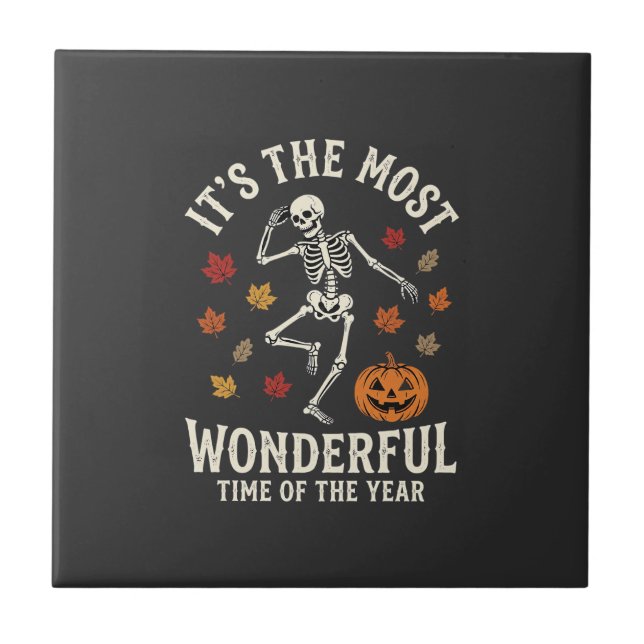 Halloween Skeleton Dance Pumpkin Fall Ceramic Tile (Front)