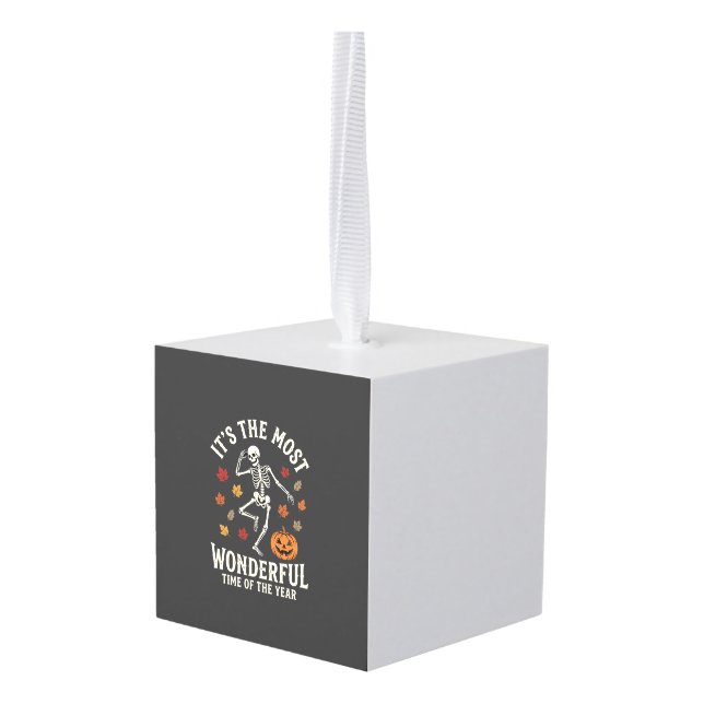 Halloween Skeleton Dance Pumpkin Fall Cube Ornament (Back Angled)