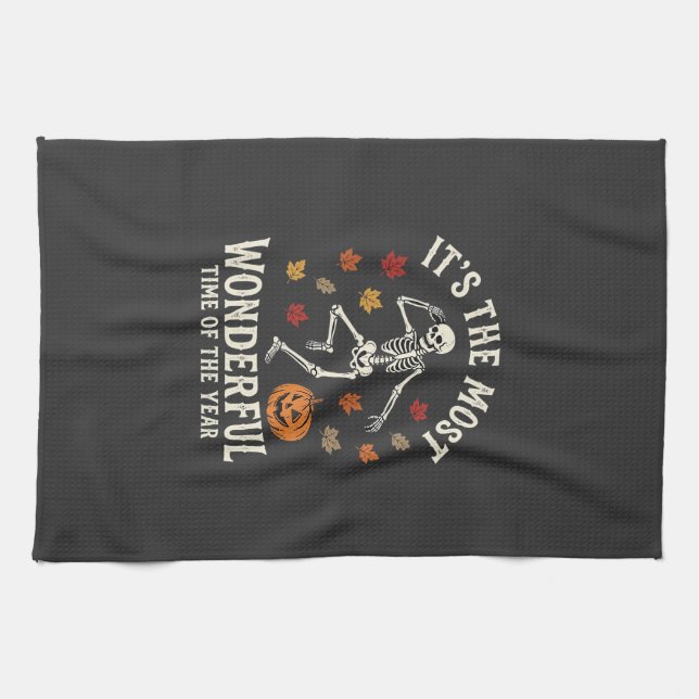 Halloween Skeleton Dance Pumpkin Fall Kitchen Towel (Horizontal)