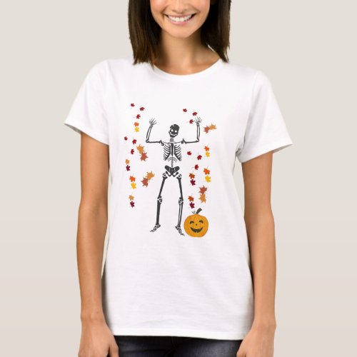 Halloween Skeleton Dancing next to a Pumpkin T_Shirt