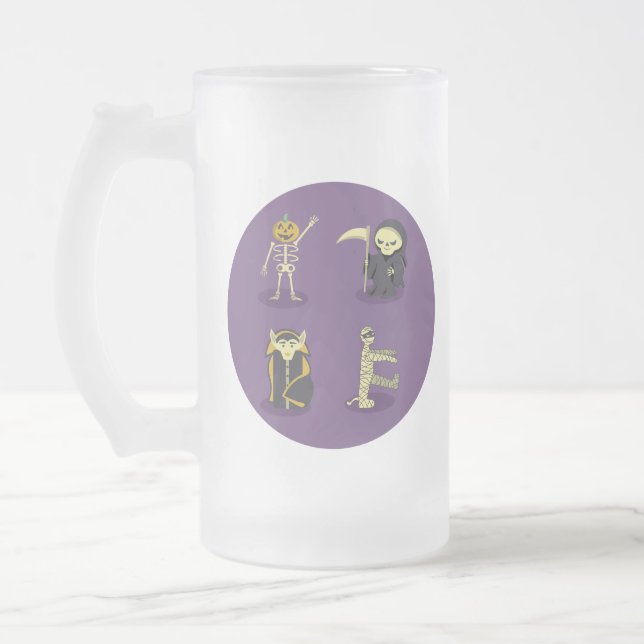 Halloween Skeleton Dracula Mummy Grim Reaper Frosted Glass Beer Mug (Left)