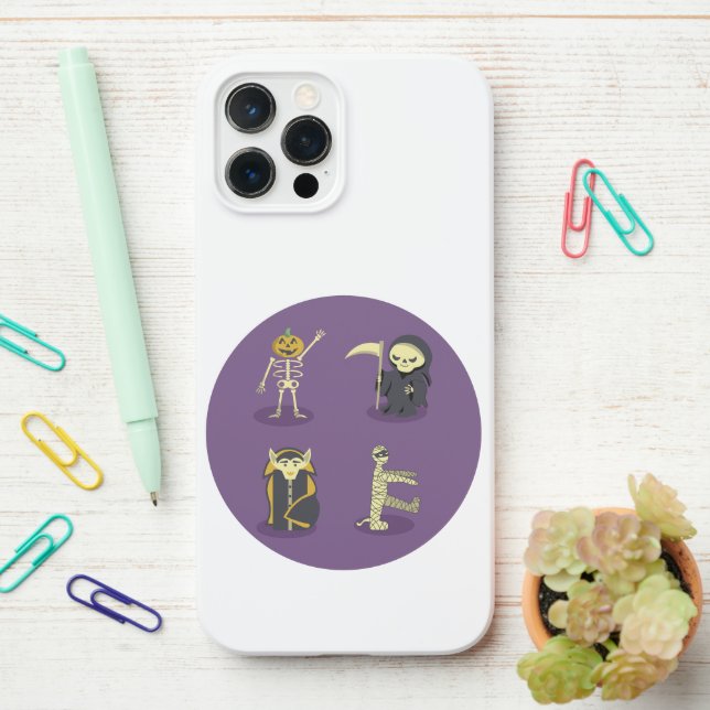 Halloween Skeleton Dracula Mummy Grim Reaper iPhone Case (On Desk)